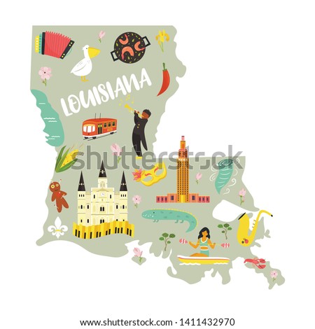 Louisiana Cartoon map with landmarks and symbols on white background. For banners, books, prints, travel guides