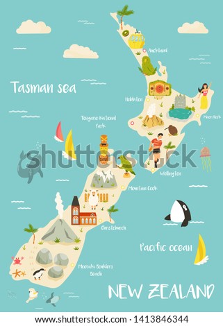 New Zealand illustrated map with famous landmarks, animals, symbols. For prints, tourist posters, travel guides, festivals