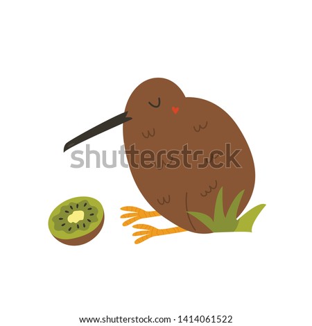 Kiwi bird and kiwi fruit isolated on white background. Cartoon vector illustration