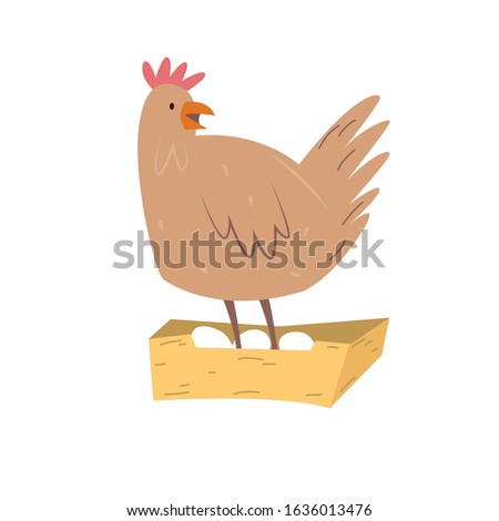 Vector illustration of a cute hen with eggs. Farm animal design