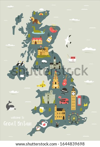 Vector illustrated map of Great Britain, United Kingdom with famous landmarks, buildings, symbols. Design for poster, tourist leaflets, guides, prints