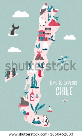 Chile hand drawn vector map with famous symbols, landmarks of the country and Easter island. Design, banner for travel guides, prints, souvenirs