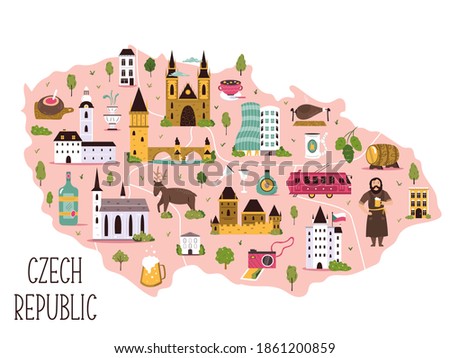 Stylized illustrated map of Czech Republic with symbols, famous landmarks. Vector design, poster.