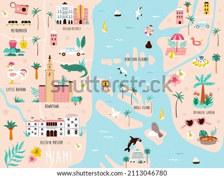 Vector illustration of map of Miami, state Florids with streets, symbols, famous landmarks. Bright design for tourist leaflets, magazines, posters.
