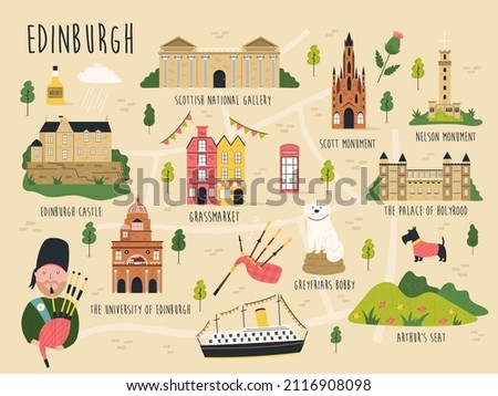 Vector illustration of map of Edinburgh with streets, symbols, famous landmarks. Bright design for tourist leaflets, magazines, posters.