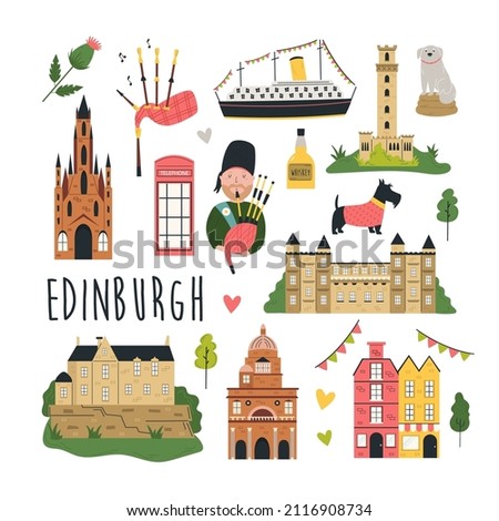 Tourist abstract design with famous destinations and landmarks of Edinburgh. Bright image for tourist leaflets, magazines, posters.