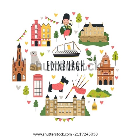 Tourist abstract design with famous destinations and landmarks of Edinburgh. Bright image for tourist leaflets, magazines, posters.
