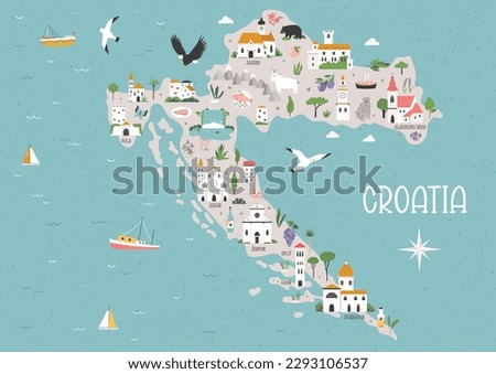 Colorful cartoon map of Croatia with famous cities, nature, animals, must-see attractions - Split, Dubrovnik, Pula, Hvar. Bright map for posters, travel magazines, blogs, wall designs