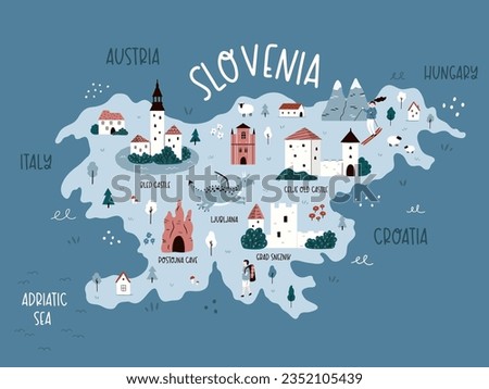 Slovenia hand drawn map with attractions, travel destinations. Cartoon illustration of European country. Travel poster, postcard, banner