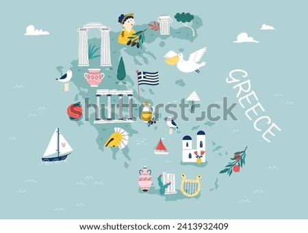 Vector stylized illustrated map of Greece with famous landmarks, places and symbols. Good for posters, frame art, travel leaflets, magazines, souvenirs