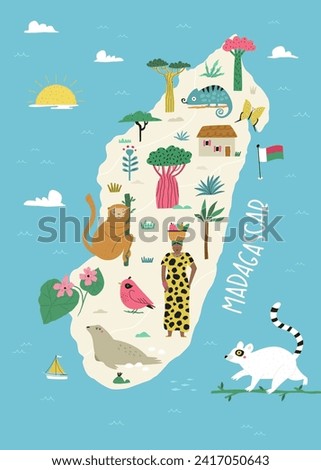 Vector stylized illustrated map of Madagascar island with famous landmarks, places and symbols. Good for posters, frame art, travel leaflets, magazines, souvenirs