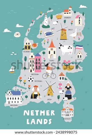 Colorful illustrated cartoon map of Netherlands with famous places, symbols. Vector bright design for posters, travel guides, magazines, wall art