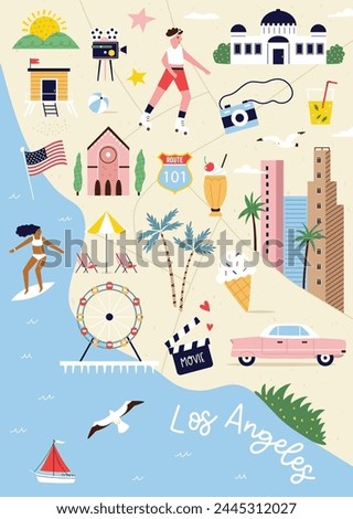 Los Angeles, California city map with famous symbols, landmarks, places. Hand drawn vector design, poster