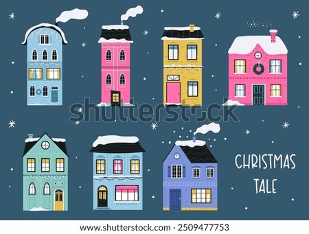 Hand-Drawn Christmas Buildings Set. Festive Holiday Illustrations