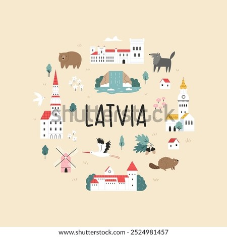 Decorative poster with hand drawn landmarks, symbols of Latvia. Cartoon art for framing, decoration, travel guides