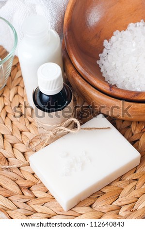 Close-up of products for spa, body care and hygiene on a white background