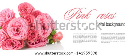 Flower background with pink roses, ready design template, isolated