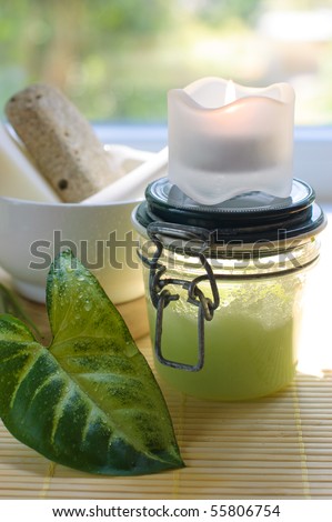 Natural resources for spa and body care products in green tones