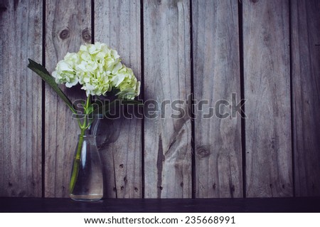 White hydrangea flower in a vase on an old wooden board