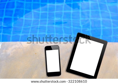Tablet and smartphone ,  Edge Pool ,Swimming pool with text space and copy space