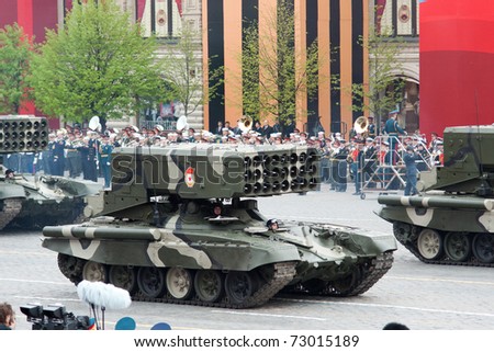 MOSCOW - MAY 6: TOS-1 - Heavy Flame Thrower System in the Dress rehearsal of Military Parade on 65th anniversary of Victory in Great Patriotic War on May 6, 2010 on Red Square in Moscow, Russia