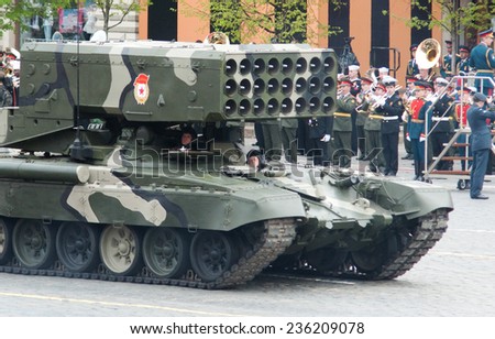 MOSCOW - 6 May 2010: TOS-1 - Heavy Flame Thrower System. Dress rehearsal of Military Parade on 65th anniversary of Victory in Great Patriotic War on May 6, 2010 on Red Square in Moscow, Russia