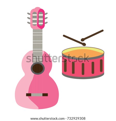 Guitar and drum vector illustration. Doodle style. Design icon, print, logo, symbol, decor, textile, paper.
