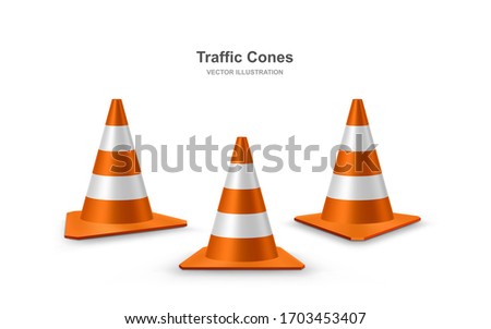 Traffic cones set isolated on white background. Red realistic road plastic cones with white striped. Vector illustration.