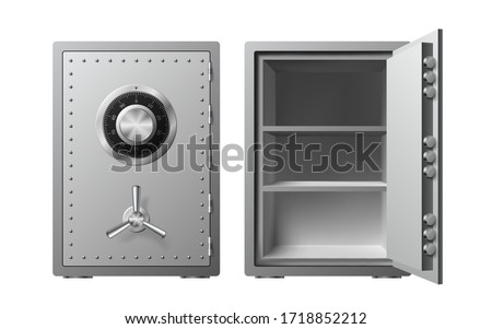 Steel safe with combination lock Isolated on a white background. Armored box. Reliable data protection. Long term savings. Protection of personal information. Vector illustration