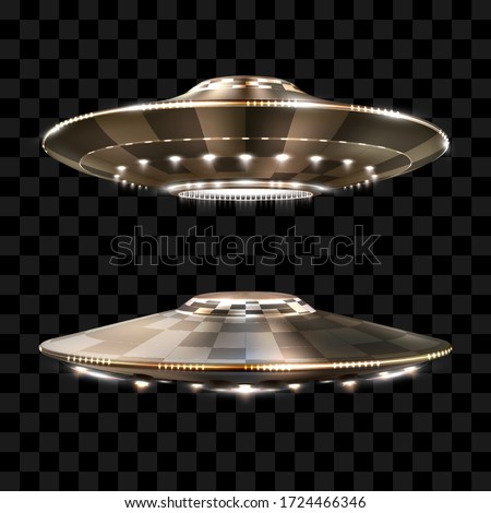 UFO. Unidentified flying object. Futuristic UFO on the transparent background. Photo-realistic vector illustration.