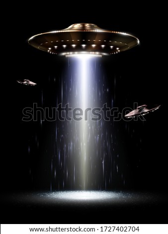 UFO. Unidentified flying object. Futuristic UFO on the black background. Photo-realistic vector illustration.
