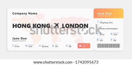 Realistic air ticket with passenger name isolated on white background. Concept design of boarding pass ticket. Vector illustration