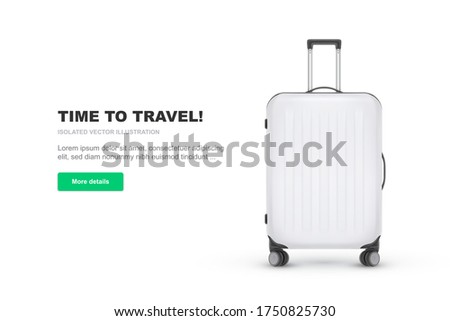 Realistic plastic suitcase. Red travel bag isolated on white background. Traveling banner template. Vector Illustration