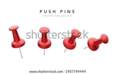 Collection of various red push pins isolated on white background. Set of thumbtacks. Top view. Close up. Vector illustration. 