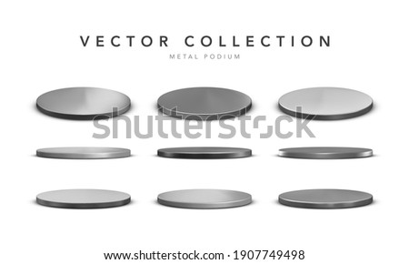 Set of realistic silver metal stage podium with shadow isolated on white background. Round winner pedestal. 3d empty platform. Vector illiustration