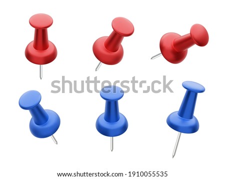 Collection of various red and blue push pins isolated on white background. Set of thumbtacks. Top view.  Vector illustration. 