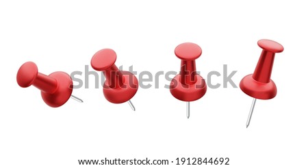 Collection of various red push pins isolated on white background. Set of thumbtacks. Top view.  Vector illustration. 