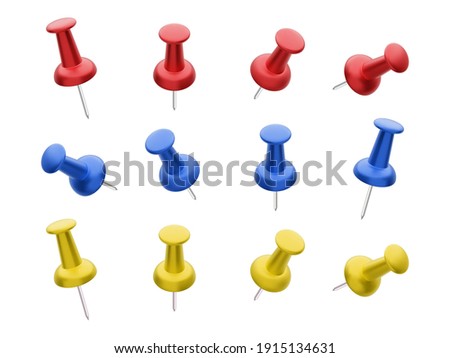 Collection of various red, yellow and blue push pins isolated on white background. Set of thumbtacks. Top view. Close up. Vector illustration. 