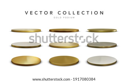 Set of realistic gold stage podium with shadow isolated on white background. Round winner pedestal. 3d empty platform. Vector illiustration