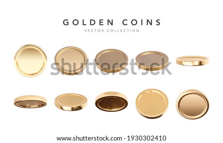 Empty 3d gold coins set isolated on white background in different positions. Falling or flying money. Bingo jackpot or casino poker or win element. Cash treasure concept. Vector illustration