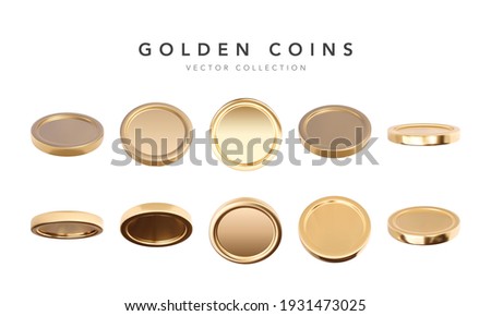 Empty 3d gold coins set isolated on white background in different positions. Rain of golden coins. Bingo jackpot or casino poker or win element. Cash treasure concept. Vector illustration