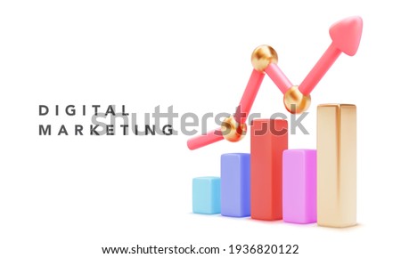 Growing bars graphic with rising arrow. Digital marketing concept banner. Vector illustration