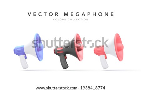 Set of 3d plastic megaphones with shadow isolated on white background. Vector illustration
