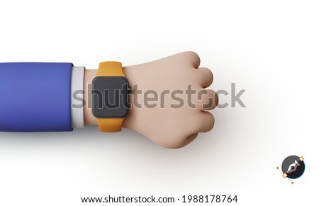 3d render clock on the hand of a businessman in a suit. Smart watch. Hand with clock isolated on background. Vector illustration.