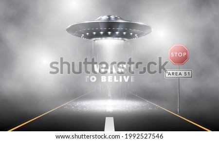 Realistic spaceship in the fog. An unidentified flying object hovers over the road at night. Aliens in a spaceship are invading area 51. Vector illustration
