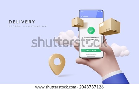 3d render for online delivery phone concept. Fast respond delivery package shipping on mobile. Online order tracking with map. Vector illustration
