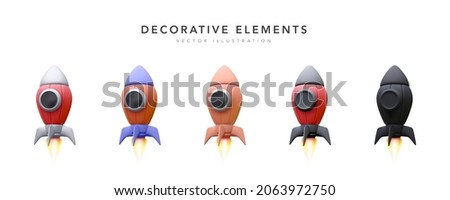 3d colour rocket set. Realistic space ship isolated on a white background. Vector illustration