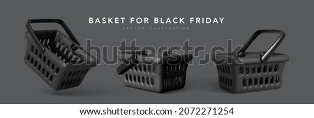Set of 3d realistic plastic black shopping cart isolated on dark background. Special black shopping basket for Black Friday. Vector illustration