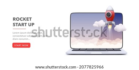 Start up banner with laptop, rocket, clouds in realistic style. Vector illustration