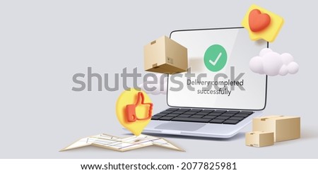 Online delivery banner with 3d realistic laptop, parcels, clouds, map and social icons in realistic style. Vector illustration